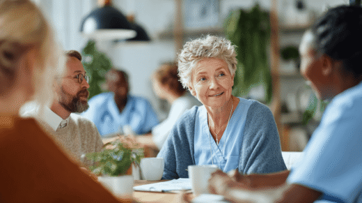Pflegerin im Team zu Gespräch_Symbolbild für Pflegeberatung