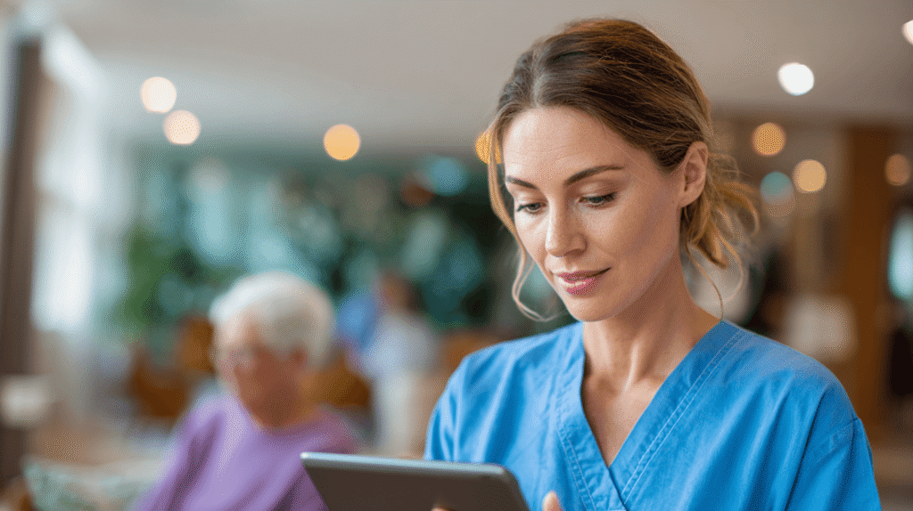 Junge Pflegeperson in blauem Kasack mit iPad: Symbolbild für Pflegedokumentation