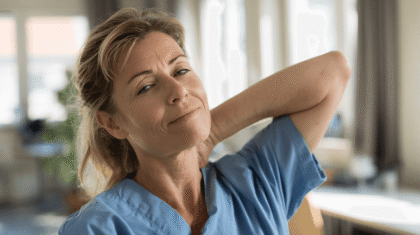 Pflegefachfrau im blauen Kasack mit Verspannungen dehnt sich und massiert sich selbst den Nacken.