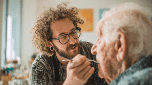 pflegeperson fuettert senior mit loeffel nahaufnahme