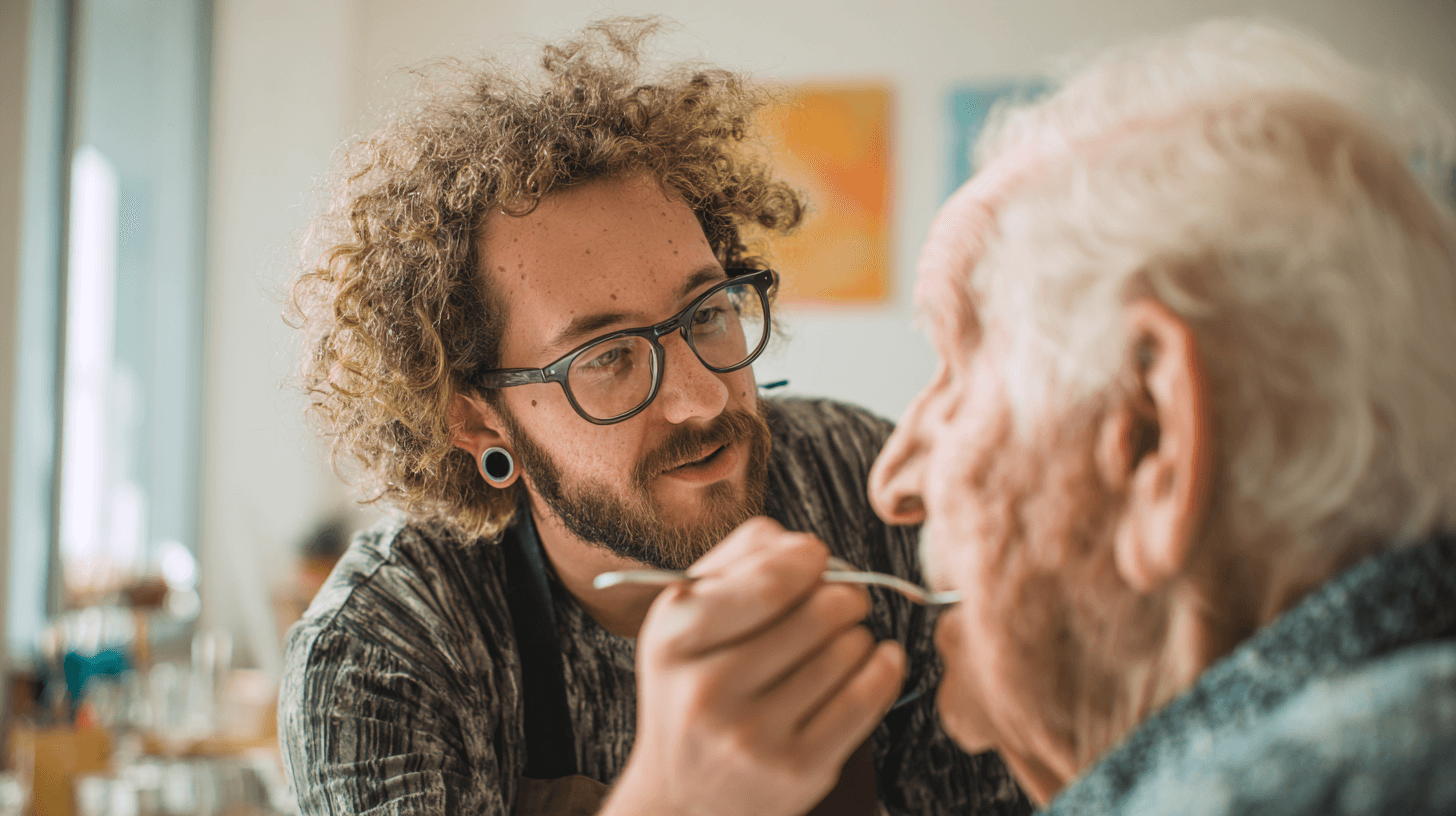 pflegeperson fuettert senior mit loeffel nahaufnahme