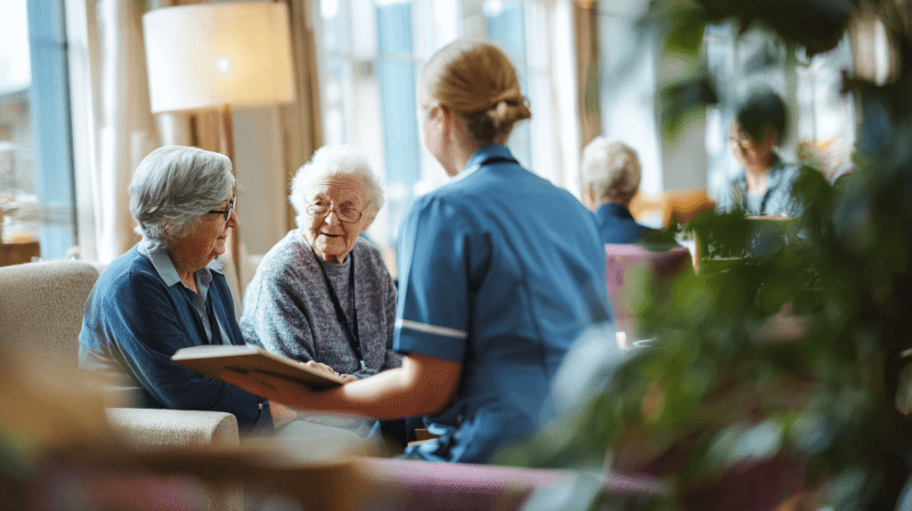pflegeperson in blauem Kasack liest zwei senioren Damen aus einem Buch vor