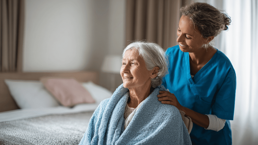 pflegeperson legt seniorin handtusch um die schultern. Symbolbild fuer ganzkoerperwaeasche