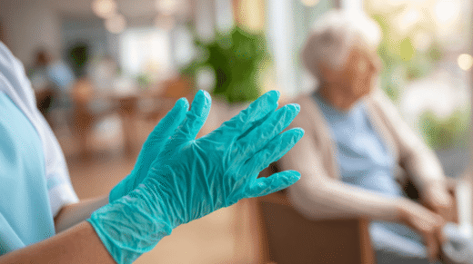 pflegeperson zieht türkisfarbene einmalhandschuhe an und alter dame sitzt im hintergrund in einem Sessel