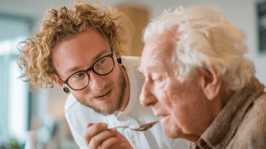 Junger Pfleger mit Locken und Ohrringen füttert Pflegepatient mit einem Löffel