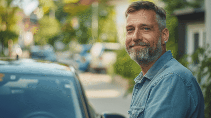 pfleger vor seinem auto mit bart und ohrring