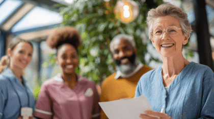 Pflegeteam ist zusammen. Frau hält Blatt in der Hand. Symbol für Versicherungsschutz der Mitarbeitenden.