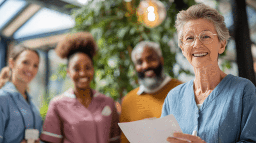 Pflegeteam ist zusammen. Frau hält Blatt in der Hand. Symbol für Versicherungsschutz der Mitarbeitenden.