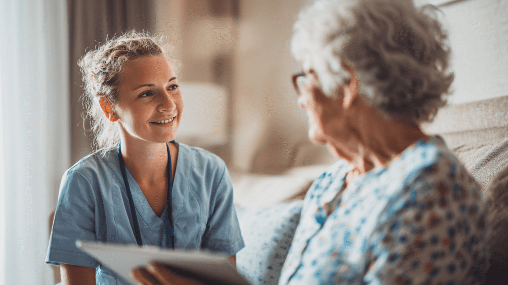 Junge pflegeperson bei alter dame. Symbolbild für pflegevisite