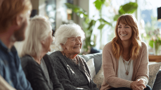 seniorin mit familie. Symbolbild für Leben mit pflegebedürftigen Angehörigen