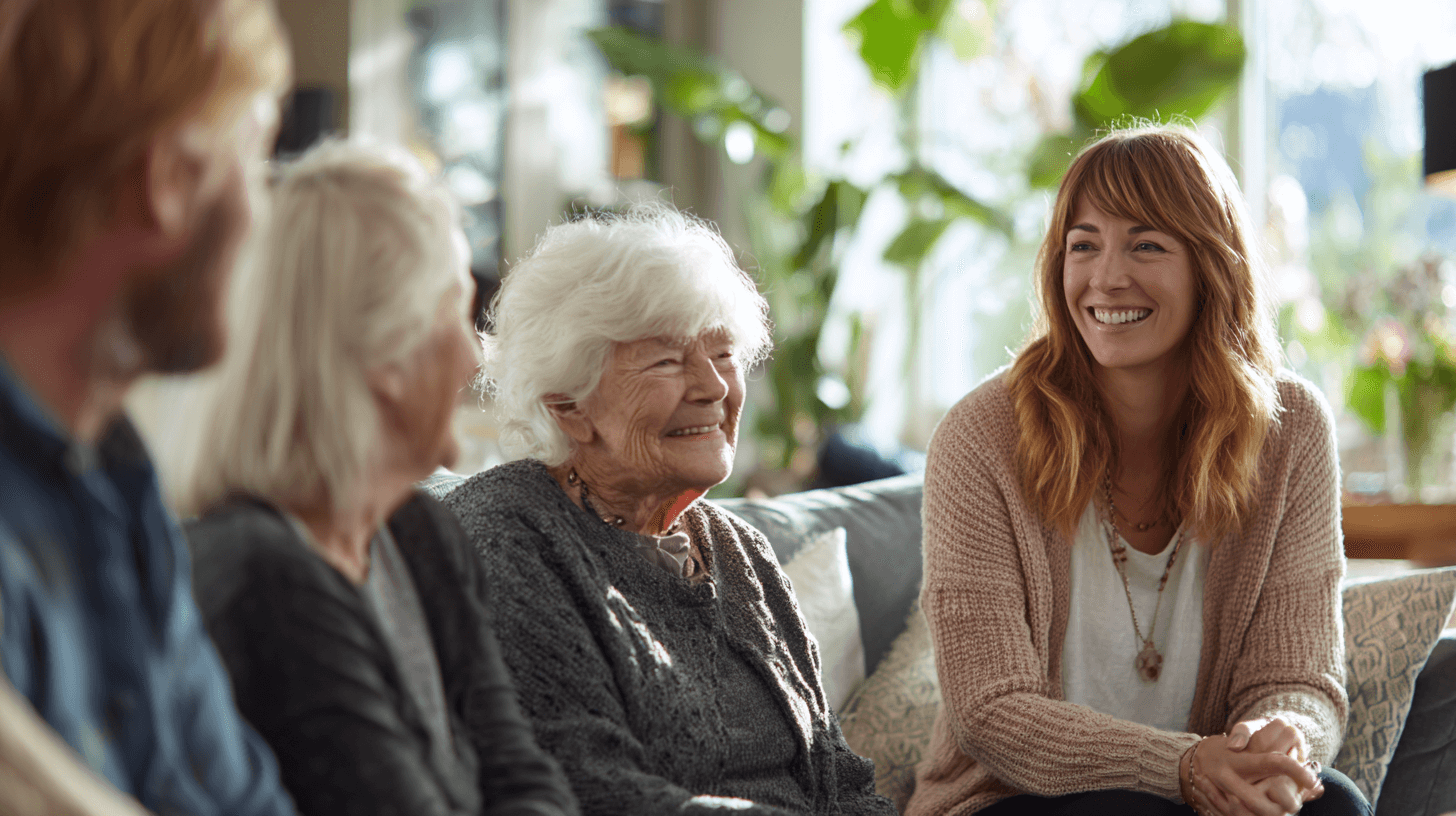 seniorin mit familie. Symbolbild für Leben mit pflegebedürftigen Angehörigen