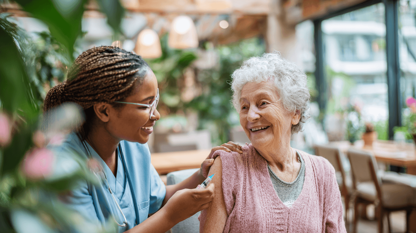 Eine junge Pflegekraft verabreicht seiner alten Patientin eine Spritze in den Oberarm.