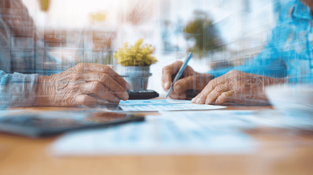 Hände von Herren an einem Schreibtisch über Unterlagen und einem Tablet zu sehen. Symbolbild für Steuern in der Altenpflege