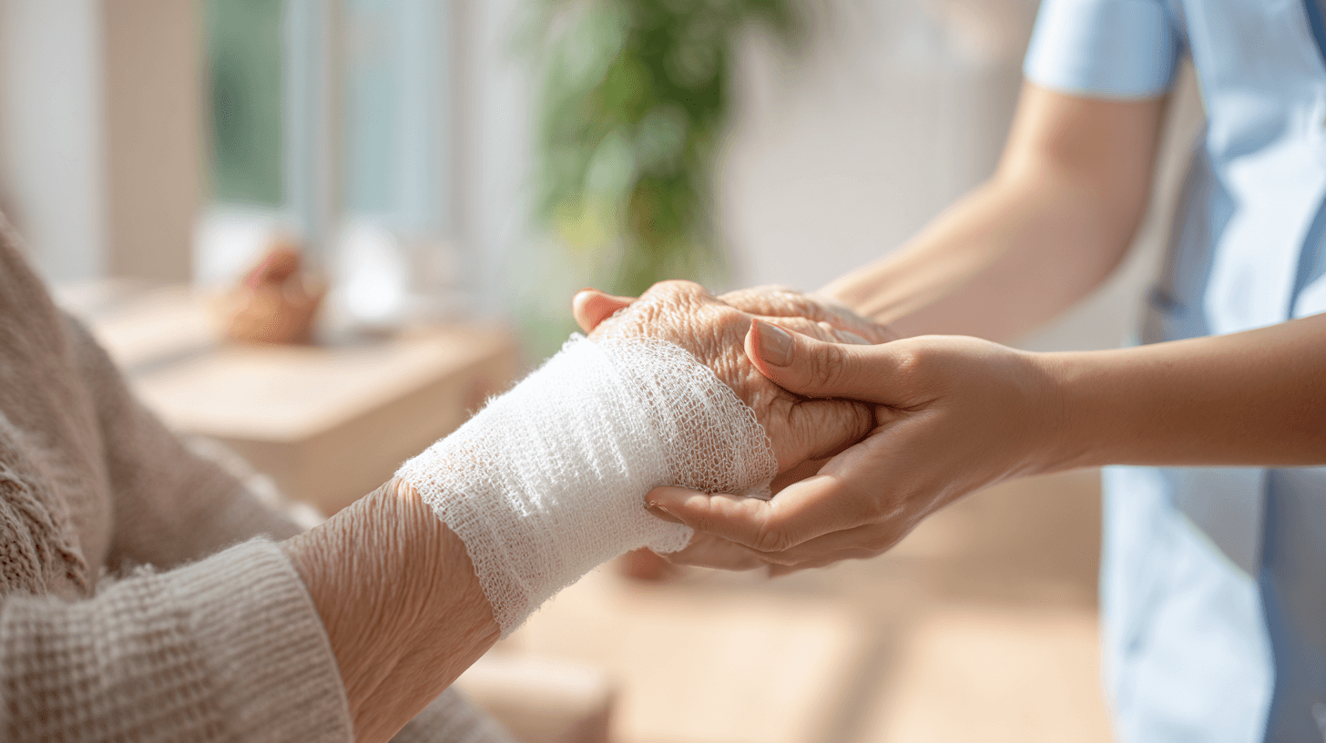 Eine Pflegerin hält liebevoll die verbundene Hand einer senioren Patientin.