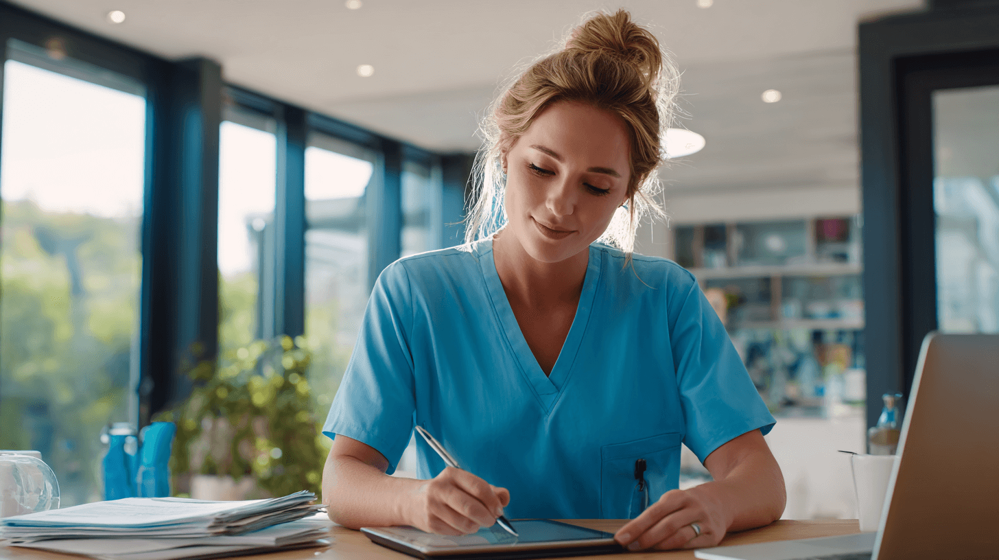 Junge Pflegefachkraft bei der Dokumentation örztlicher Anordnungen