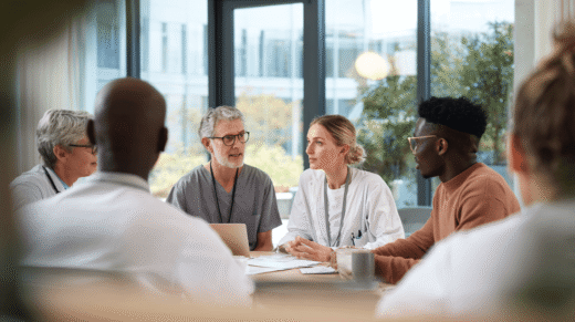 Teammeeting zu Tarifverträgen in hellem Büro