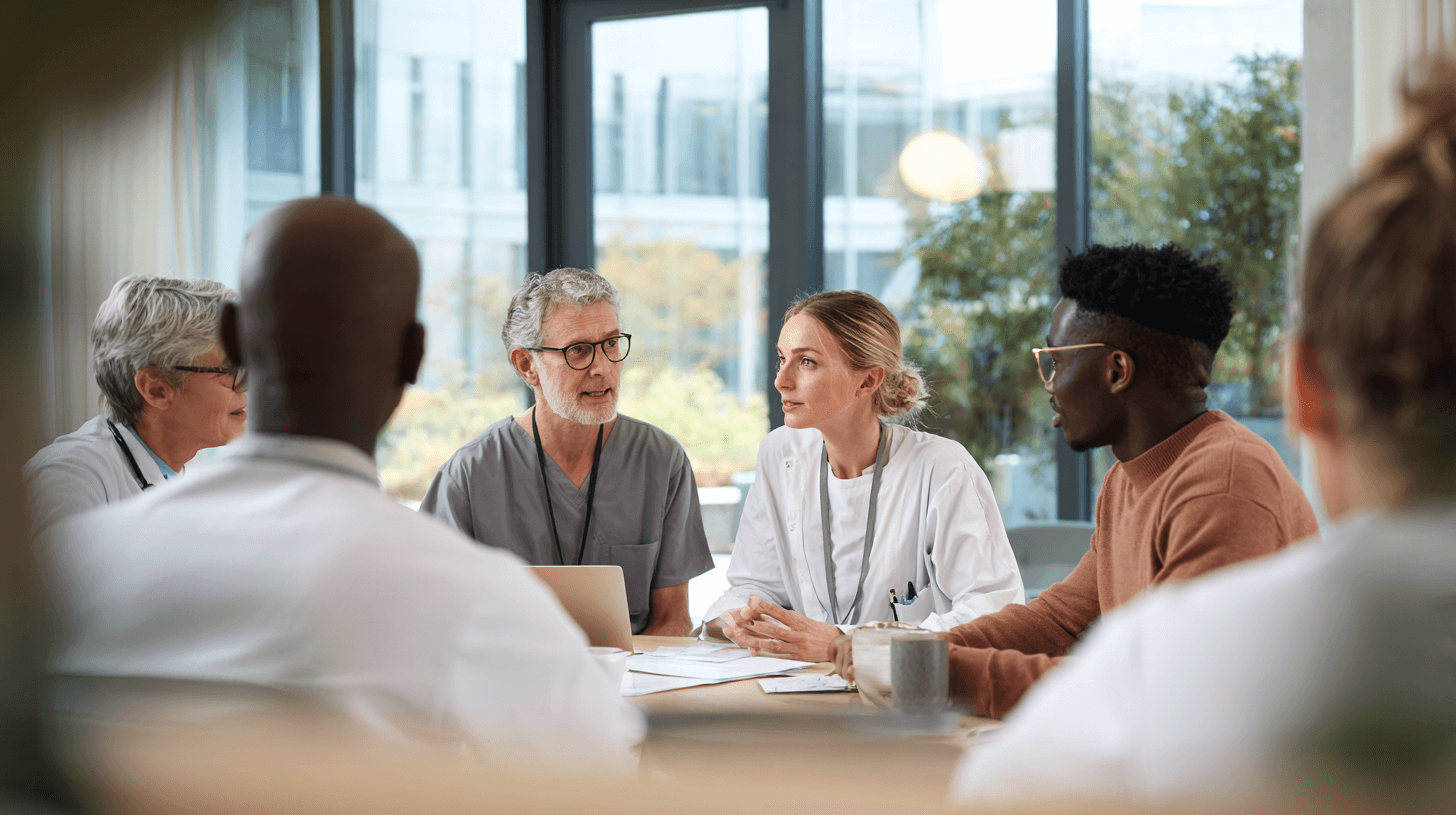 Teammeeting zu Tarifverträgen in hellem Büro