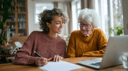 Junge Frau und Seniorin am Schreibtisch, Symbol für Antrag für Verhinderungspflege