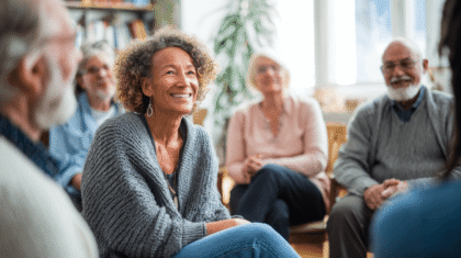 frau im zentrum einiger menschen lachend symbolbild für Pflegestützpunkte