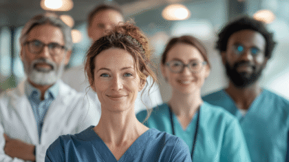 Gruppe von Mitarbeitenden schauen in die Kamera, Symbolbild für Pflegemindestlohn