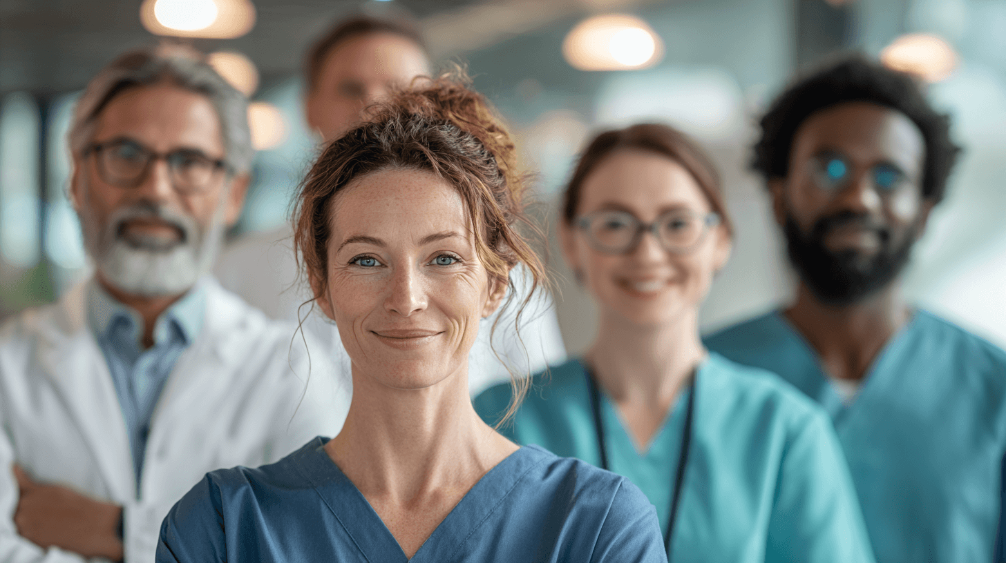 Gruppe von Mitarbeitenden schauen in die Kamera, Symbolbild für Pflegemindestlohn