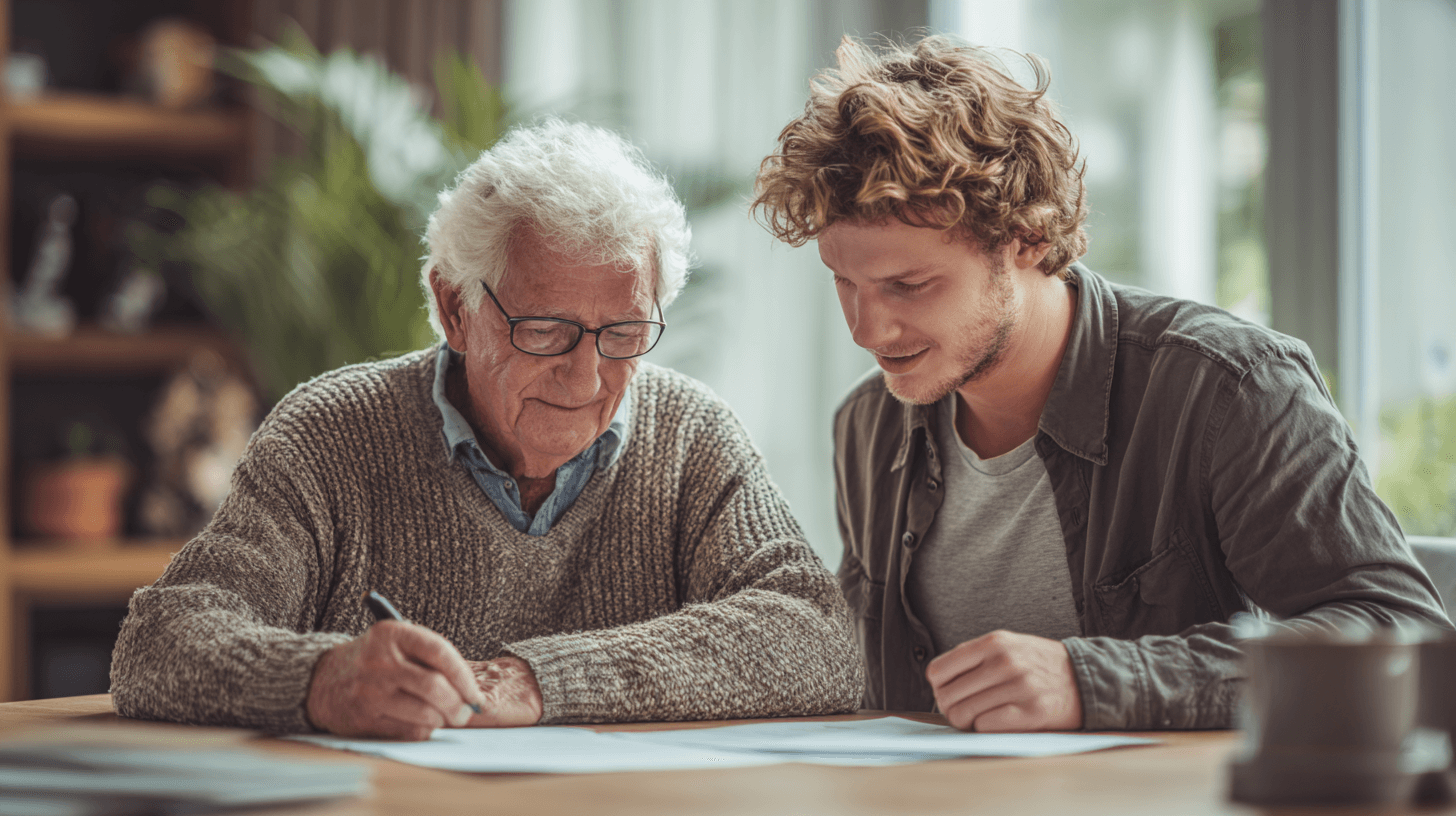 junger und alter mann schauen sich dokument an, Symbol für Leistungsübernahme