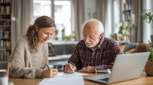 Junge Frau und älterer Herr mit weißen Haaren und Bart beantragen Kurzzeitpflege