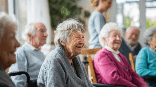 lachende seniorin im gruppenraum, Symbol für Pflege von Demenzpatientinnen und - Patienten.