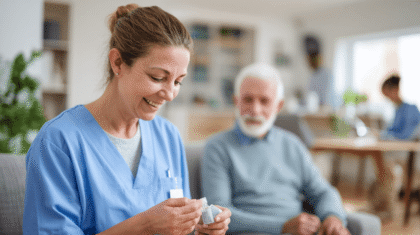 Pflegefachkraft bereitet Medikamentengabe über PEG vor. Senior im Hintergrund