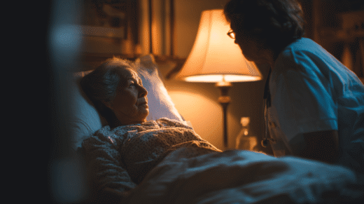 Pflegeperson bei Seniorin, die liegend im Bett ist, Symbolbild für Nachtpflege im ambulanten Bereich