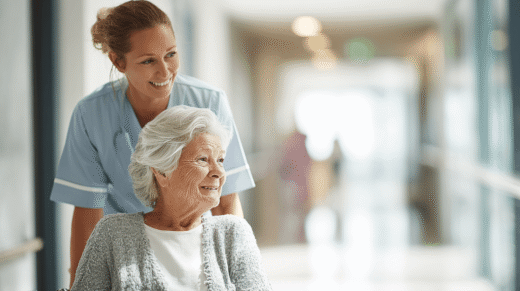 Pflegeperson schiebt Patientin in Rollstuhl, Symbol für Nähe und Distanz