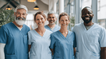 Pflegeteam in Kasacks lächelt in die Kamera