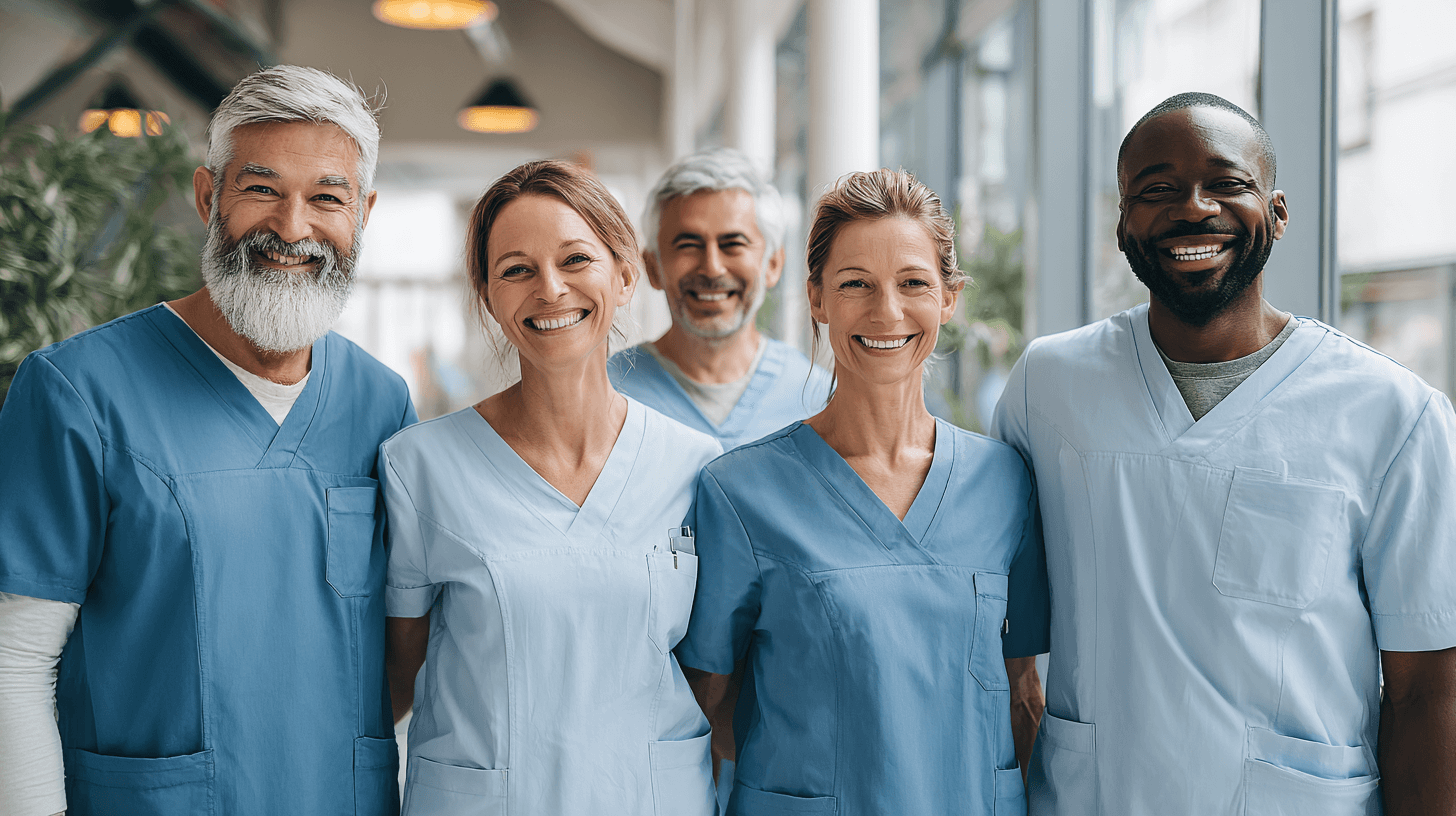 Pflegeteam in Kasacks lächelt in die Kamera