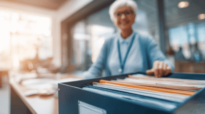 pflegeperson mit Dokumenten, Symbol für Pflegeneuausrichtungsgesetz