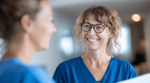 Pflegeperson im blauen Kasack mit Brrille und lächelt