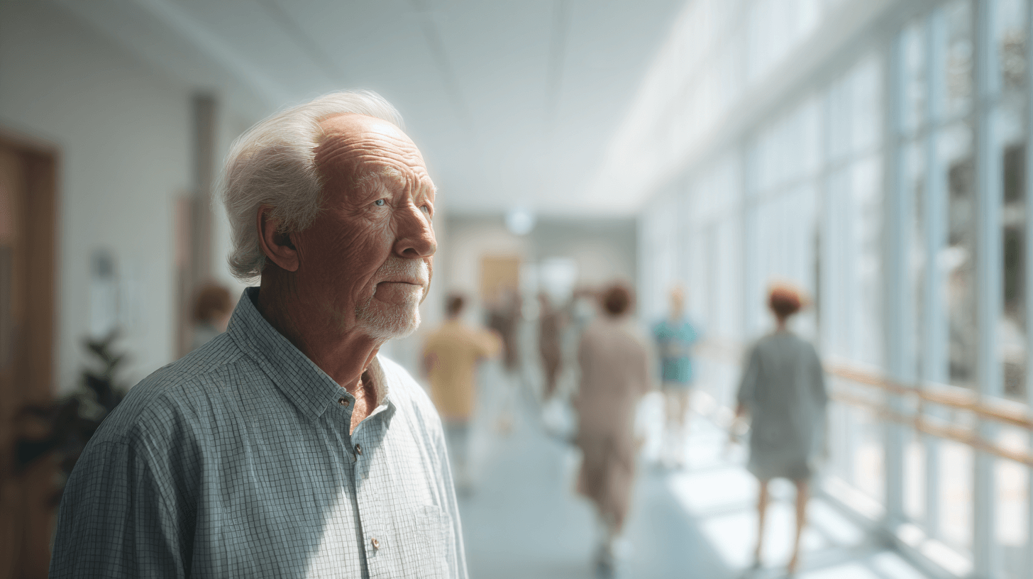 Verwirrter alter Mann im Flur, Symbol für Durchgangssyndrom