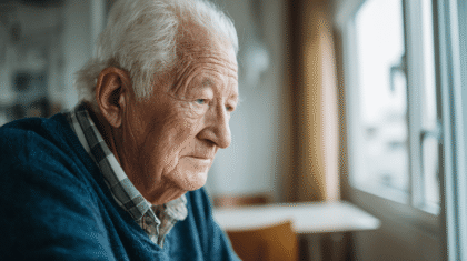 Mann schaut traurig aus dem Fenster, Symbolbild für Altersdepression
