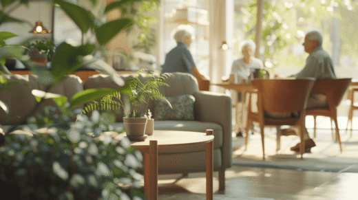 Stationaere Demenzeinrichtug mit vielen Pflanzen und Sitzecken.