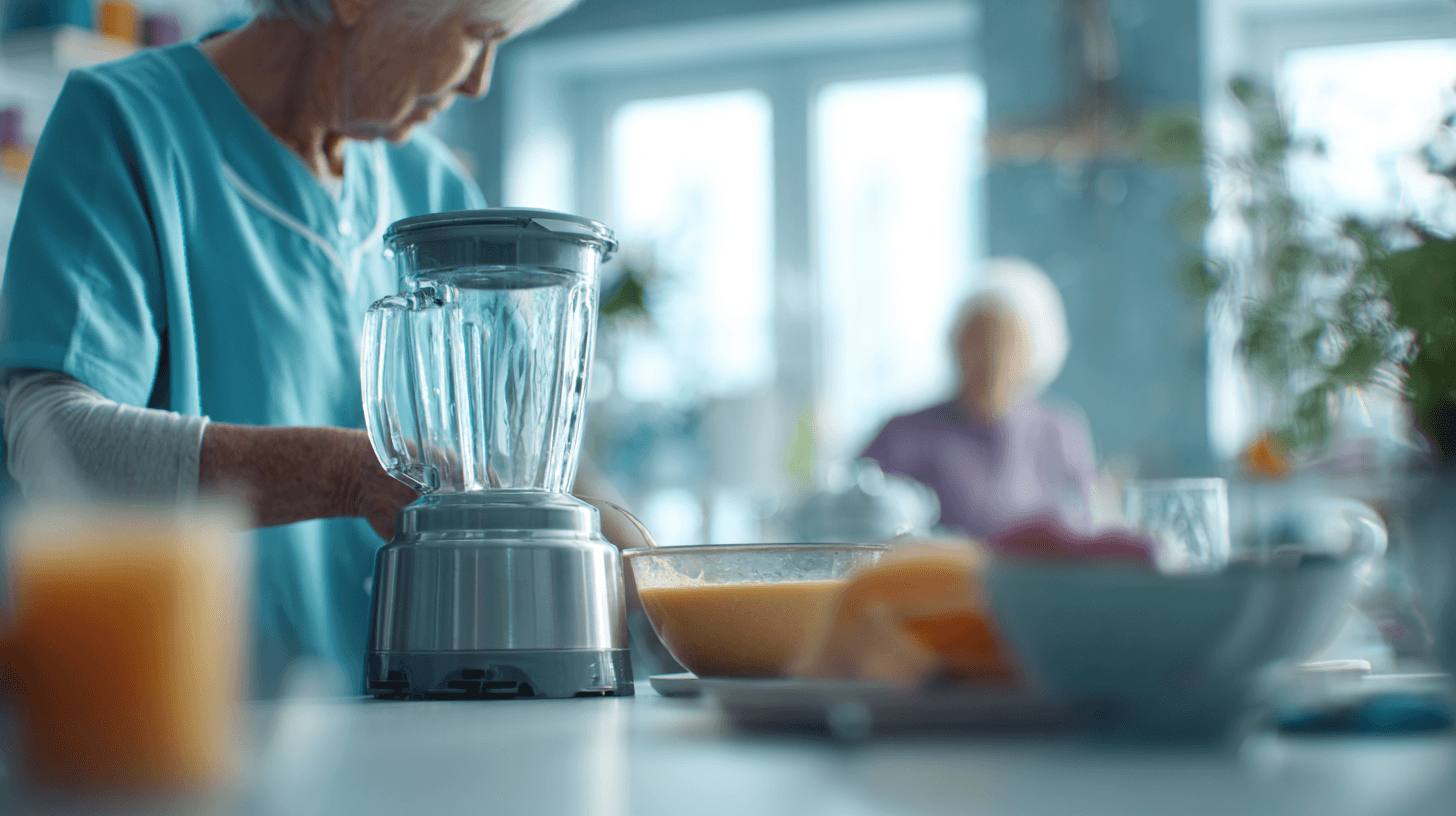 Pflegeperson stellt mit Mixer Flüssignahrung vor.