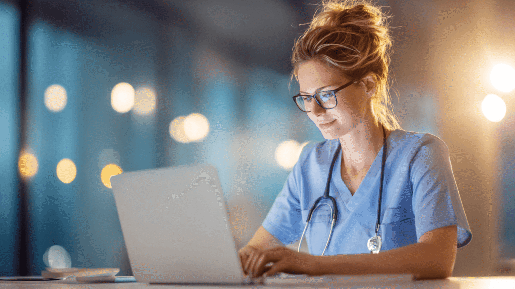 Pflegeperson im Kasack sitzt am Laptop und bereitet die Tourenplanung für die Verhinderungspflege vor.