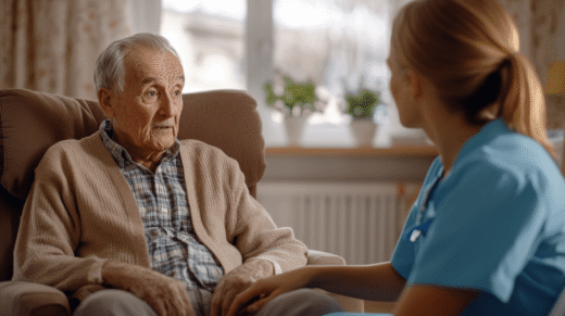 Junge Pflegerin legt ihre Hand empathisch auf das Knie eines verwirrten Seniors im Sessel