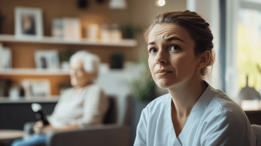 Pflegerin fühlt sich unwohl, Symbol für Videoüberwachung in der ambulanten Pflege.