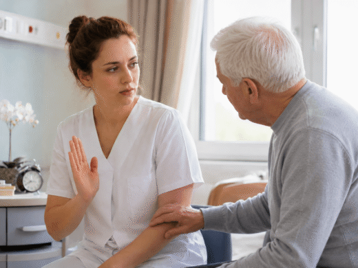 Junge Pflegekraft macht ein Stopp-Zeichen mit der Hand, während ein älterer Herr sie am Arm berührt.