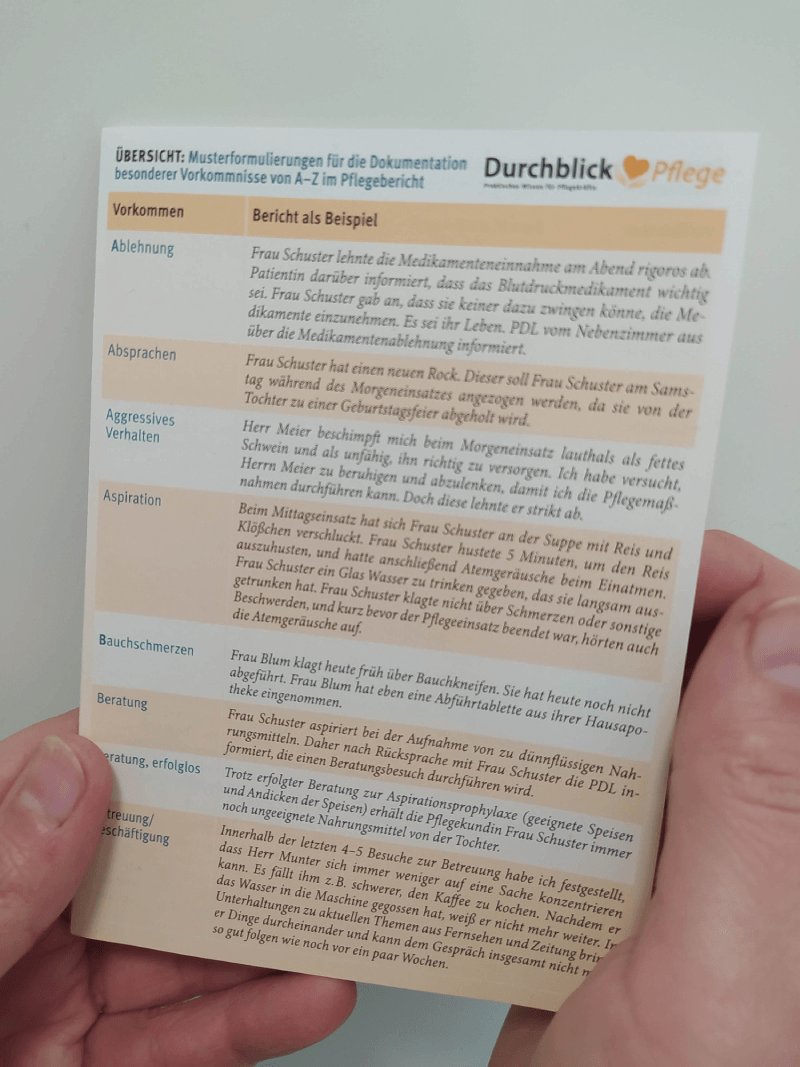 Spickzettel für den Pflegebericht für Pflegekräfte